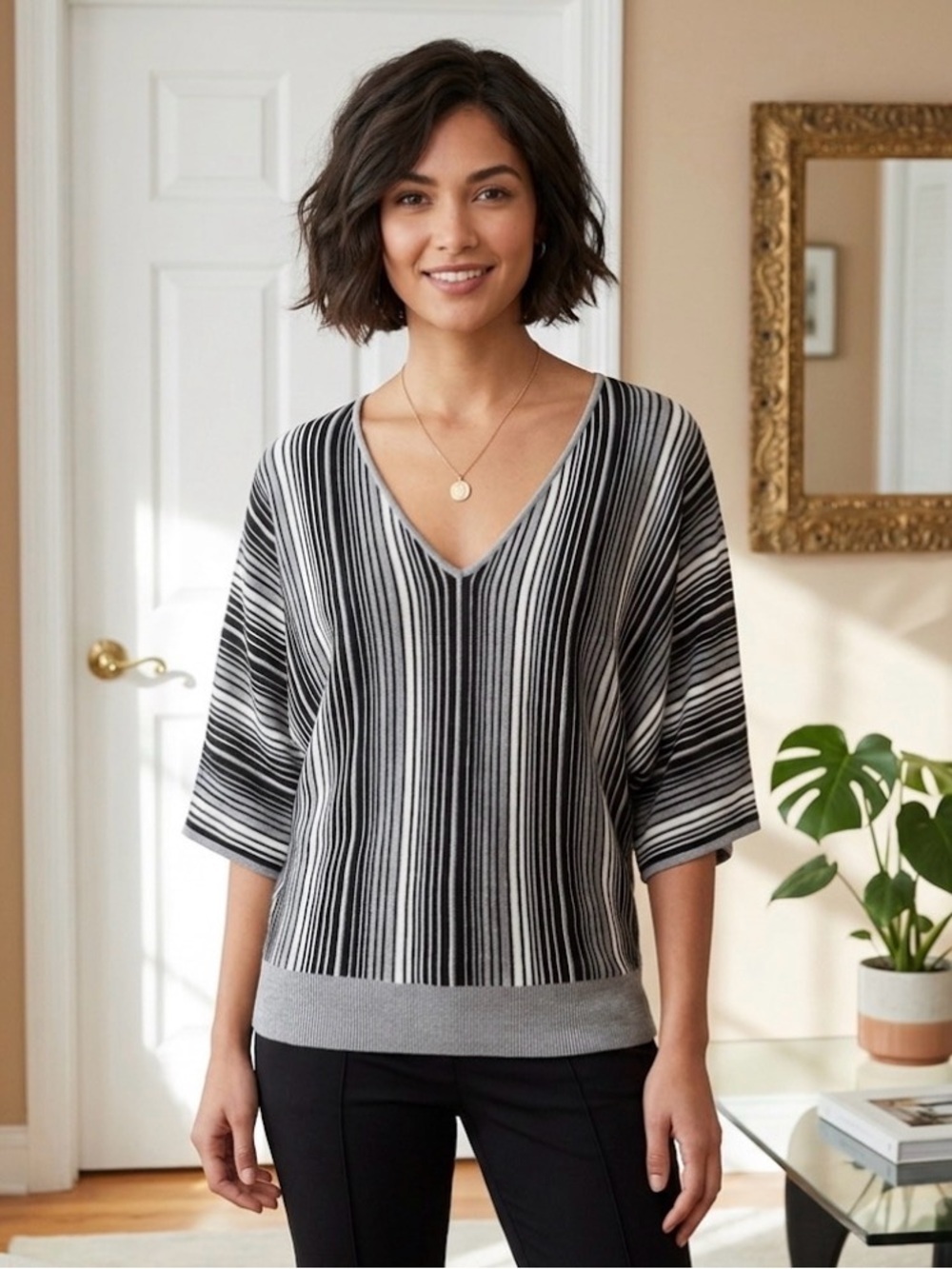 New York & Company Striped V-Neck Sweater size Large